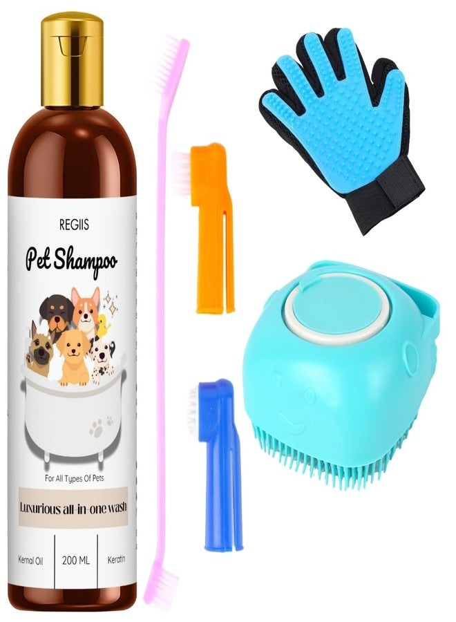 مجموعة شامبو ريجيس للحيوانات الأليفة مع فرشاة تنظيف وقفاز وفرشاة أسنان، غسول فاخر شامل للكلاب والقطط، 200 مل (عبوة من 4 قطع) - Image 1